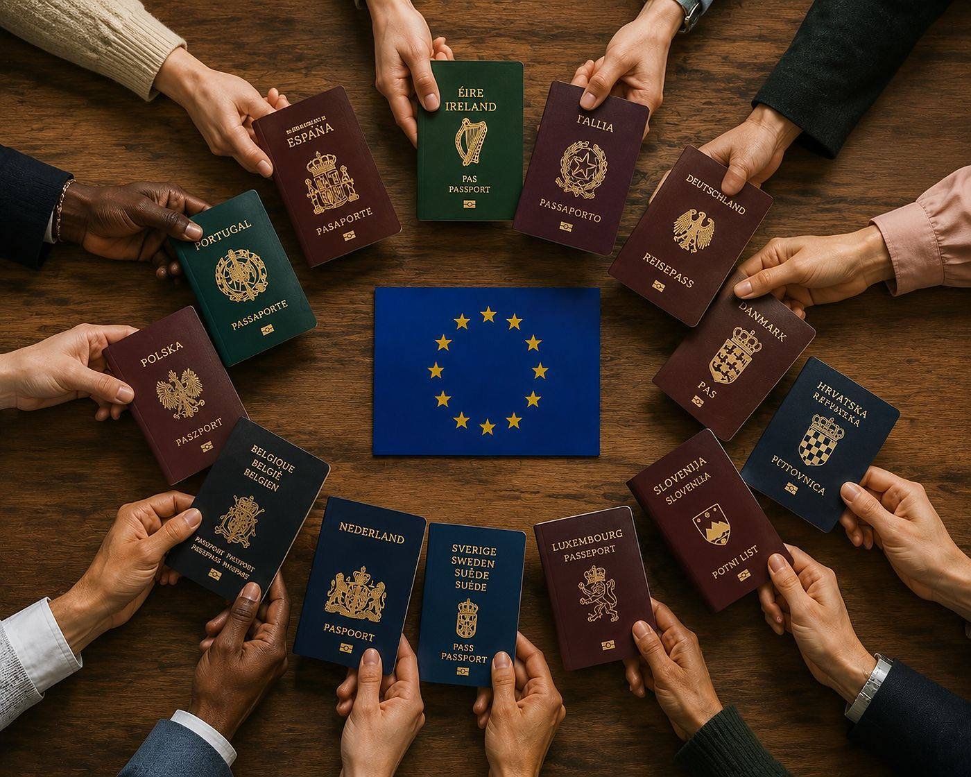 Passports from across the EU, representing EU Treaty Rights
