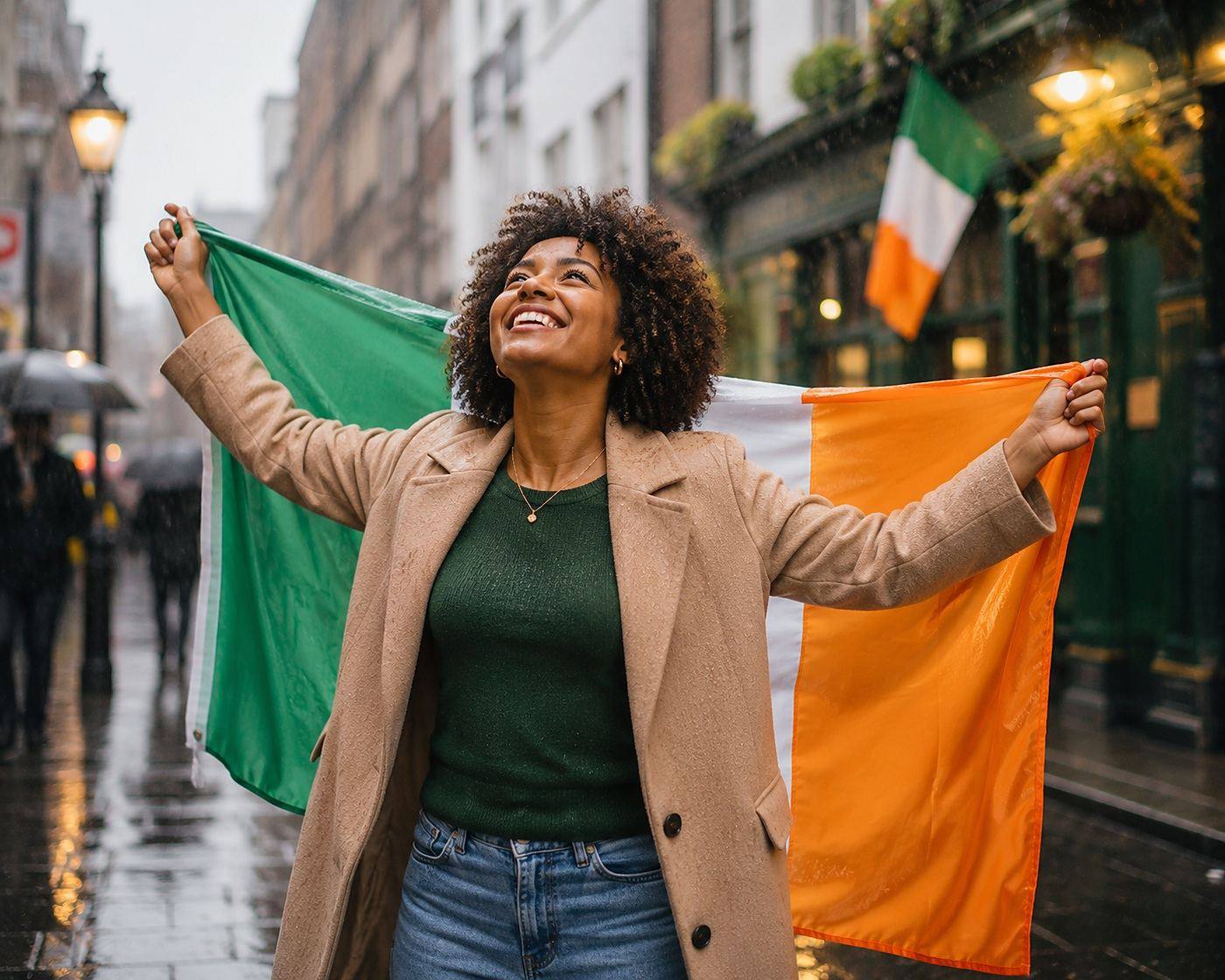 Woman celebrating Irish citizenship with the Irish flag