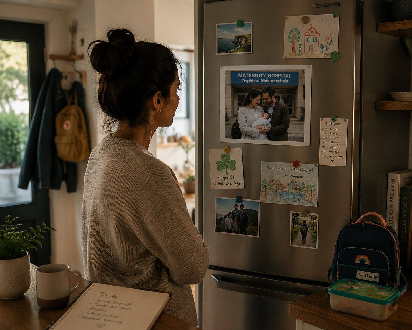 Family photos and milestones on a fridge, representing a settled life in Ireland