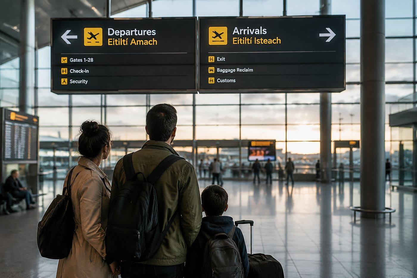 Family at Departures and Arrivals signage in an Irish airport